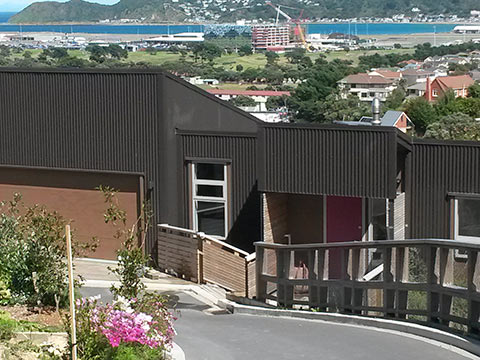 Mulligan6 Dark corrugated-clad hillside house overlooking Wellington harbour